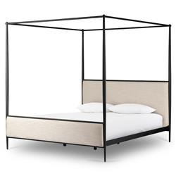 Isabella Modern Classic Cream Upholstered Black Iron Canopy Bed - Queen|