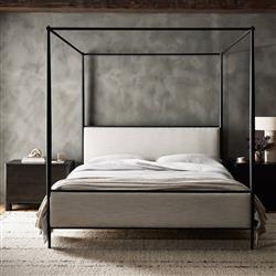 Isabella Modern Classic Cream Upholstered Black Iron Canopy Bed - Queen|