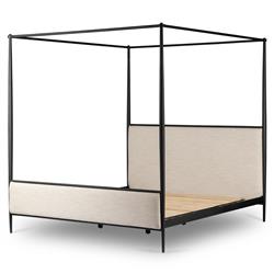 Isabella Modern Classic Cream Upholstered Black Iron Canopy Bed - Queen|