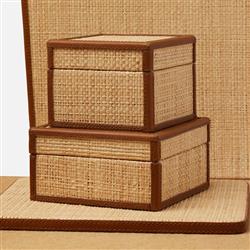 Pigeon and Poodle Hanford Natural Raffia Brown Leather Trim Decorative Box - Set of 2|