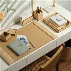 Pigeon and Poodle Hanford Natural Raffia Brown Leather Trim Decorative Box - Set of 2|