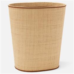 Pigeon and Poodle Hanford Natural Woven Raffia Saddle Leather Oval Waste Basket|