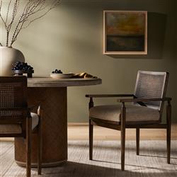 Xander Rustic Lodge Brown Woven Cane Taupe Upholstered Linen Dining Arm Chair|