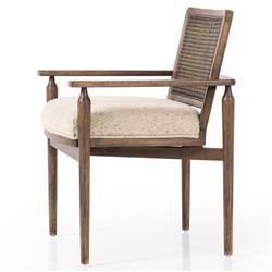 Xander Rustic Lodge Brown Woven Cane Taupe Upholstered Linen Dining Arm Chair|