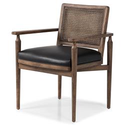 Xander Rustic Lodge Brown Woven Cane Black Upholstered Leather Dining Arm Chair|
