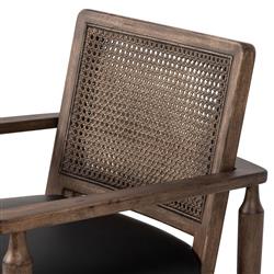 Xander Rustic Lodge Brown Woven Cane Black Upholstered Leather Dining Arm Chair|