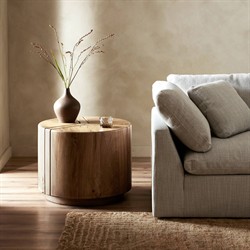 Reese Rustic Lodge Natural Reclaimed Oak Round Drum End Table|