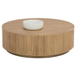 Palmerston Modern Natural Oak Brushed Gold Steel Round Drum Coffee Table|
