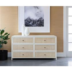 Brennan Coastal Beach Natural Woven Rattan White Oak Wood Double Dresser|