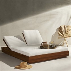 Kisha Modern Classic Cream Upholstered Natural Teak Outdoor Double Chaise|