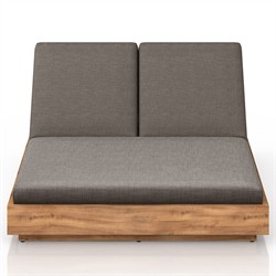 Kisha Modern Classic Black Upholstered Natural Teak Outdoor Double Chaise|