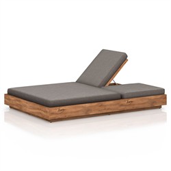 Kisha Modern Classic Black Upholstered Natural Teak Outdoor Double Chaise|