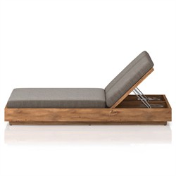 Kisha Modern Classic Black Upholstered Natural Teak Outdoor Double Chaise|