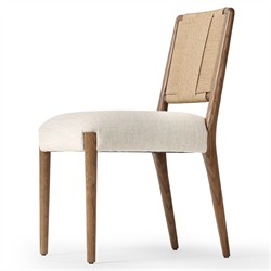 Ronan Coastal Beige Upholstered Seat Woven Rush Brown Oak Wood Dining Side Chair|