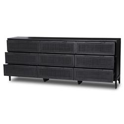 Rhian Coastal Black Mango Wood Woven Cane 9 Drawer Dresser|