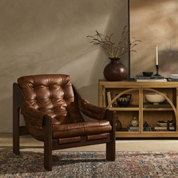 Hadley Rustic Brown Leather Wood Tufted Occasional Arm Chair|