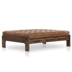 Hadley Rustic Brown Leather Wood Tufted Ottoman|