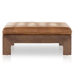Hadley Rustic Brown Leather Wood Tufted Ottoman|