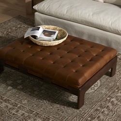 Hadley Rustic Brown Leather Wood Tufted Ottoman|