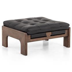 Hadley Rustic Lodge Black Leather Brown Wood Tufted Ottoman|