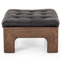 Hadley Rustic Lodge Black Leather Brown Wood Tufted Ottoman|
