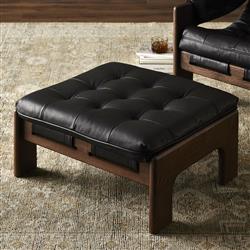 Hadley Rustic Lodge Black Leather Brown Wood Tufted Ottoman|