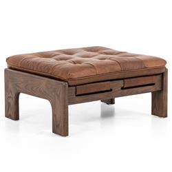 Hadley Rustic Lodge Brown Leather Wood Frame Tufted Ottoman|