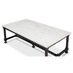 Stella Updated Traditional White Marble Brown Wood Rectangular Coffee Table|