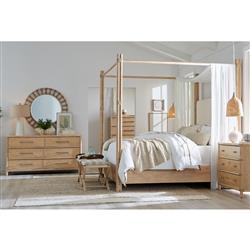 Nigel Coastal Beach Cream Upholstered Light Brown Oak Canopy Bed - King|