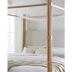 Nigel Coastal Beach Cream Upholstered Light Brown Oak Canopy Bed - King|