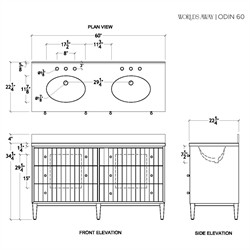 Worlds Away Odin Mid Century Modern White Marble Brown Oak Double Vanity Sink - 60"|