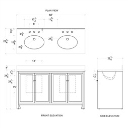Worlds Away Boyd Coastal Natural Cane White Marble Double Vanity Sink - 60"|
