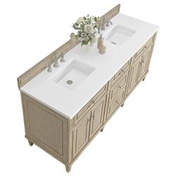 Gareth French Country White Zeus Quartz Whitewashed Wood Double Vanity Sink - 72"|