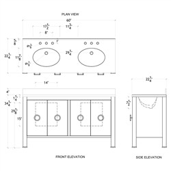 Worlds Away Blanche Regency White Marble Navy Linen Double Vanity Sink - 60"|