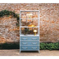 Worlds Away Flynn Modern Classic Light Blue Bamboo Grasscloth Etagere|