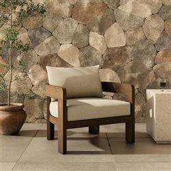 Aviel Rustic Lodge Beige Upholstered Teak Outdoor Barrel Arm Chair|
