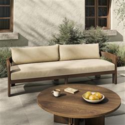 Aviel Rustic Lodge Beige Upholstered Teak Outdoor Sofa - 96"|