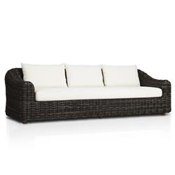 Celina Coastal Cream Upholstered Woven Wicker Charcoal Teak Outdoor Sofa - 106"|