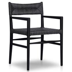 Mable Coastal Beach Black Wicker Teak Outdoor Dining Arm Chair|