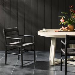 Mable Coastal Beach Black Wicker Teak Outdoor Dining Arm Chair|