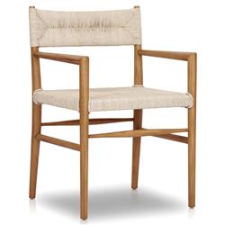 Mable Coastal Beach Off White Wicker Natural Teak Outdoor Dining Arm Chair|