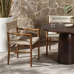 Mable Coastal Beach Off White Wicker Natural Teak Outdoor Dining Arm Chair|