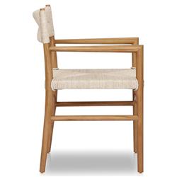 Mable Coastal Beach Off White Wicker Natural Teak Outdoor Dining Arm Chair|