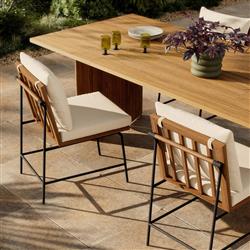 Inno Modern White Upholstered Natural Teak Iron Outdoor Dining Side Chair|