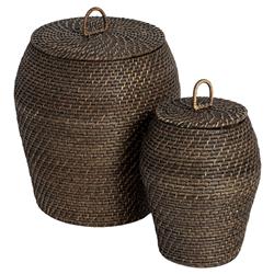 Cassie Coastal Washed Black Rattan Hamper - Set of 2|