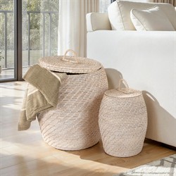 Hilda Coastal Beach Whitewash Rattan Hamper - Set of 2|