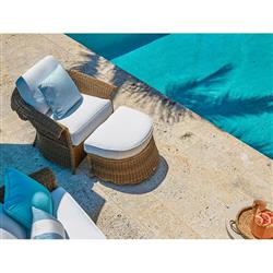 Cielo Coastal White Sunbrella Brown Woven Wicker Scalloped Outdoor Lounge Chair|