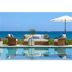 Cielo Coastal White Sunbrella Brown Woven Wicker Scalloped Outdoor Sofa - 88"|