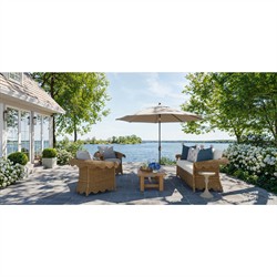 Cielo Coastal White Sunbrella Brown Woven Wicker Scalloped Outdoor Sofa - 88"|