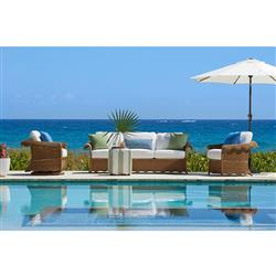 Cielo Coastal White Sunbrella Brown Wicker Scalloped Outdoor Swivel Glider Chair|